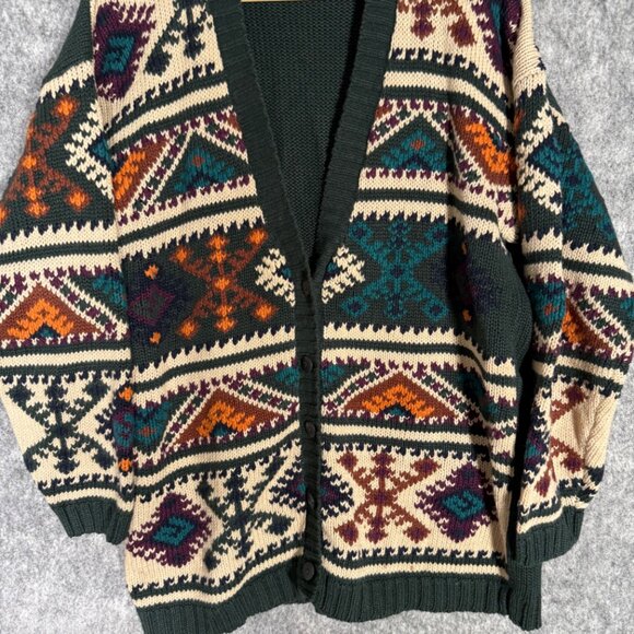 Vintage Paul Harris Aztec Print Cardigan Sweater Men's Green 90s Grandpa L - Picture 6 of 12